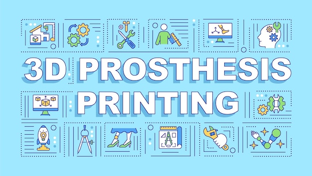 3D prosthesis printing word concepts banner. Innovational production of devices. Infographics with linear icons . Isolated typography.