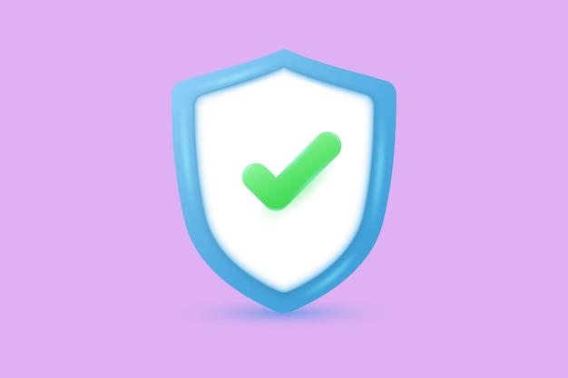 3d protection shield icon and checkmark on shield symbol safety concept 3d vector illustration