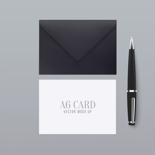 3d realistic A6 envelope greeting card with pen.