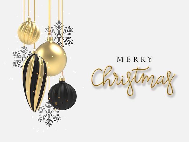 3d realistic background Gold and black Christmas ball, black snowflake in on white background. Ð¡alligraphy lettering greeting card.