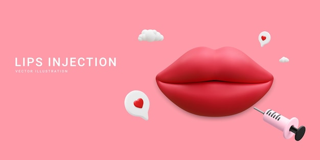 3d realistic banner for lip injection Concept of dermatology and cosmetology treatment Red aesthetic beautiful lips with medical plastic syringe with cosmetic injection in cartoon style