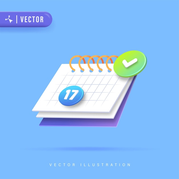 3D Realistic Calendar with Checklist Vector Illustration.