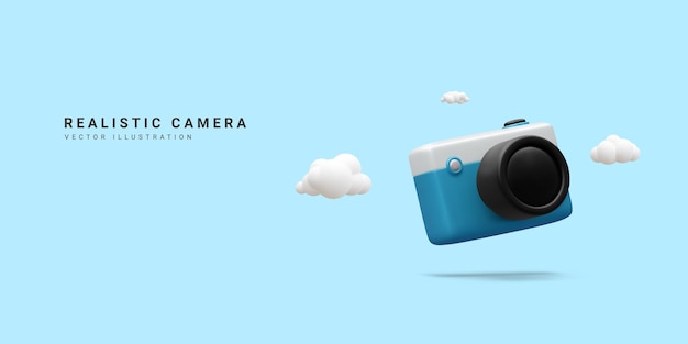 3d realistic camera isolated on blue backgroundTime to travel concept in minimal style with copy space Vector illustration