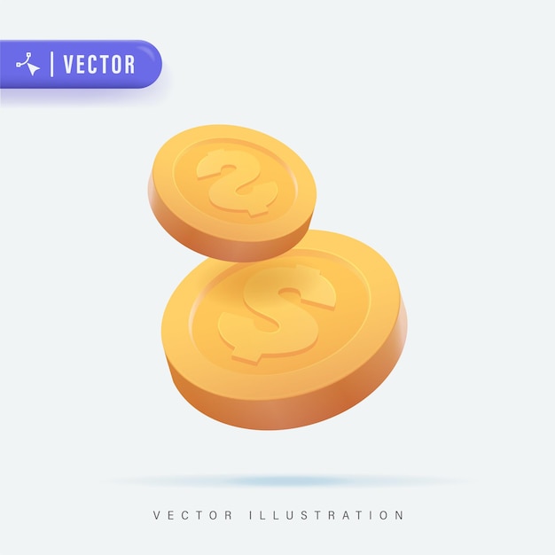 3D Realistic Coin Vector Illustration. 3d gold coin isolated on a white background. dollar coins