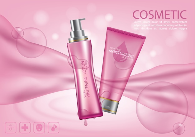 Vector 3d realistic cosmetic product on splash pink background