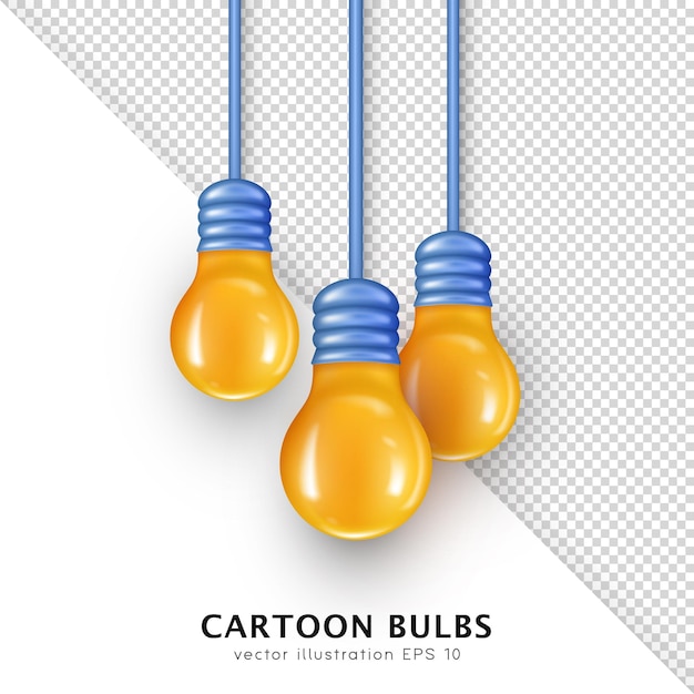 3D realistic hanging on a wire Edison bulbs. Cartoon glowing fluorescent lightbulbs, filament lamps