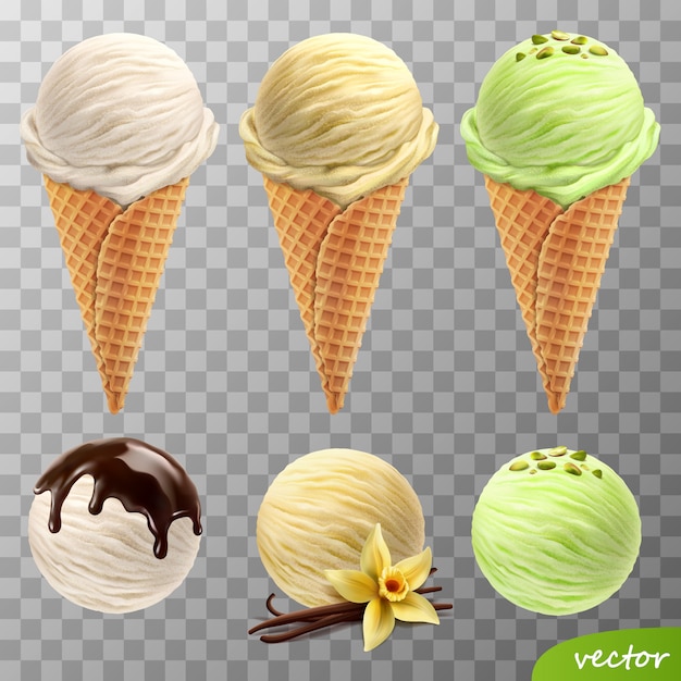 3d realistic   ice cream scoops in a waffle cones (melted chocolate, vanilla flower and sticks, pistachios)