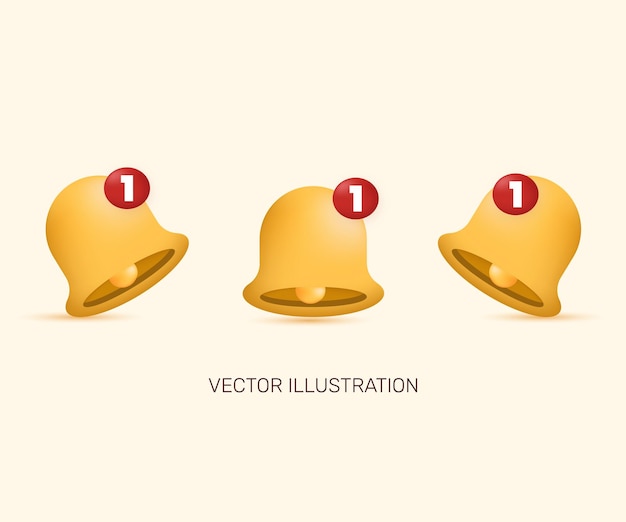 3d realistic icon three yellow notification bell set isolated vector design