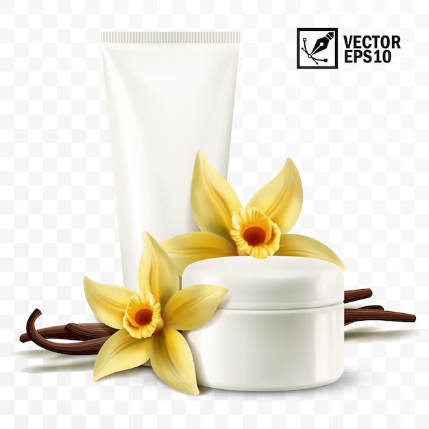 3d realistic isolated  jar and tube with cosmetic cream, yellow vanilla flowers and sticks