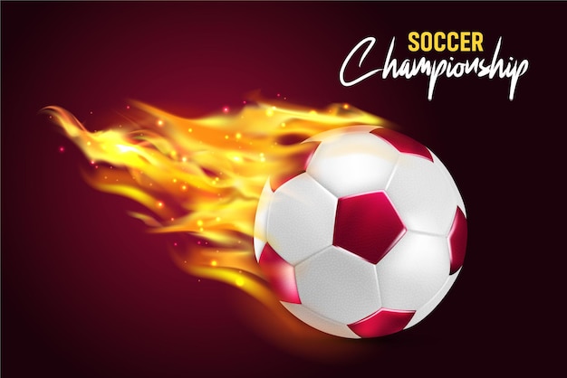 3d Realistic maroon Football flying in fiery flames world cup soccer championship sports background