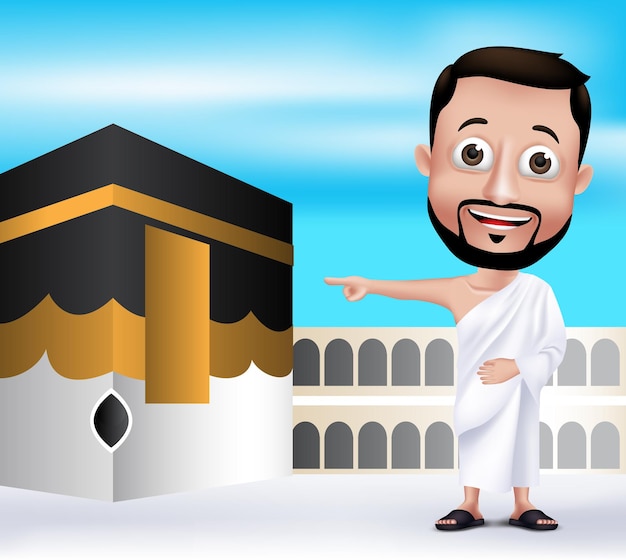 Vector 3d realistic muslim man character wearing ihram clothes performing hajj or umrah with kaaba