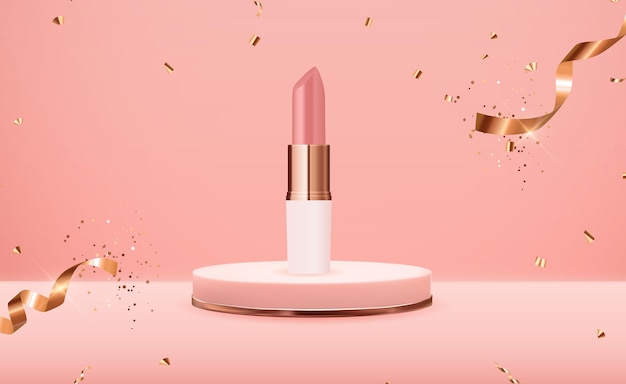 3D Realistic Natural Lipstick on Pink Podium Design Template of Fashion Cosmetics Product