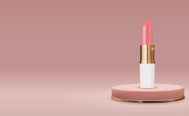 3D Realistic Natural Lipstick on Pink Podium Design Template of Fashion Cosmetics Product