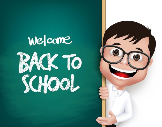 3D Realistic Nerd School Boy Student with Eyeglasses Happy Smiling Holding a Blackboard