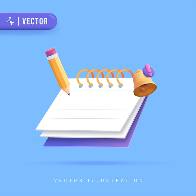 3D Realistic Notebook Design with Pencil and Bell Notification Vector Illustration. Paper clipboard