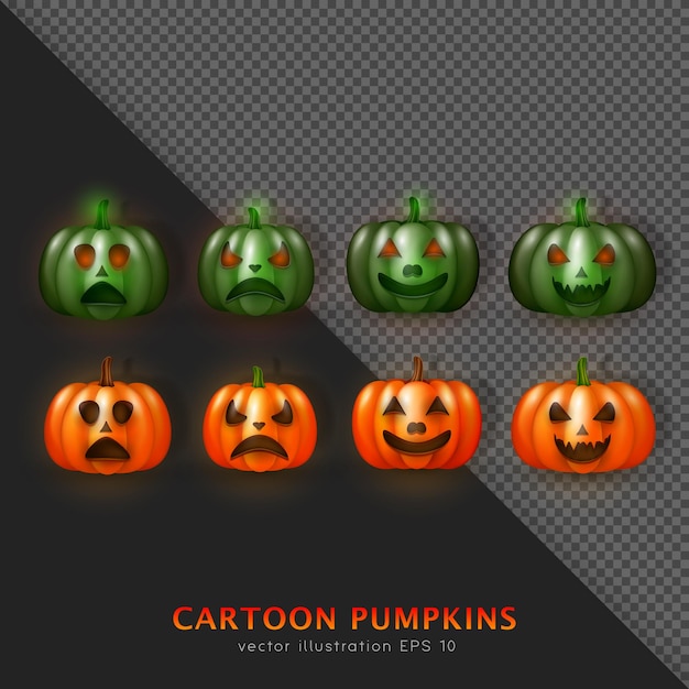 3D realistic orange and green zombie pumpkins. Halloween monster squashes. Spooky Jack-o-lanterns