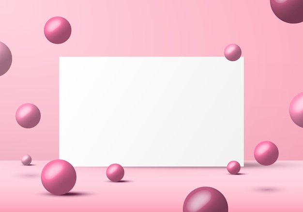 3D realistic pink balls spheres shapes with white frame.