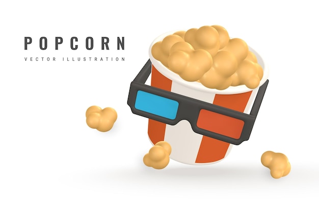 Vector 3d realistic pop corn bucket container with glasses for watching movies in plastic cartoon style vector illustration