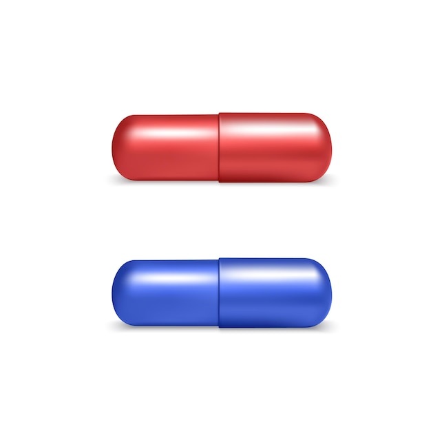 3D realistic red and blue medical pill icons Choice concept in matrix style Medical and healthcare object Vector illustration