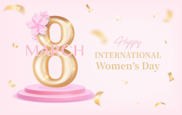 3D realistic render of International women's day concept with podium and pink flowers