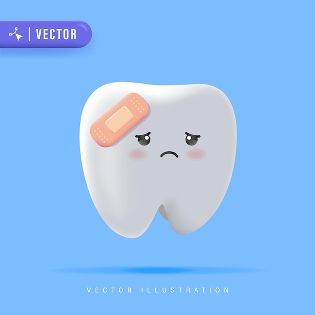 3D Realistic Sad Tooth with Plaster Isolated on Blue Background,