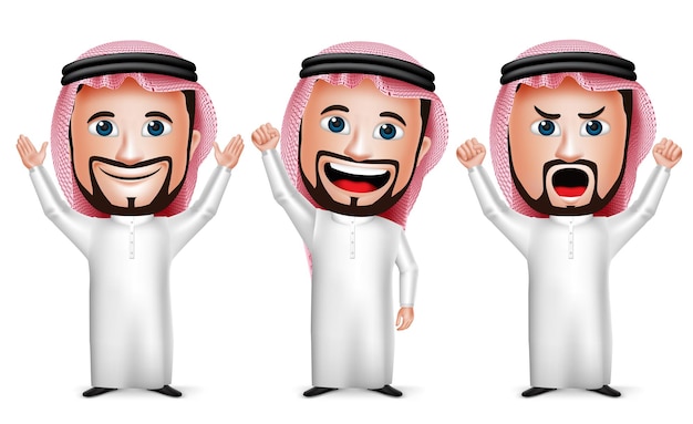 3D Realistic Saudi Arab Man Cartoon Character Raising Hands Up Gesture Wearing Thobe