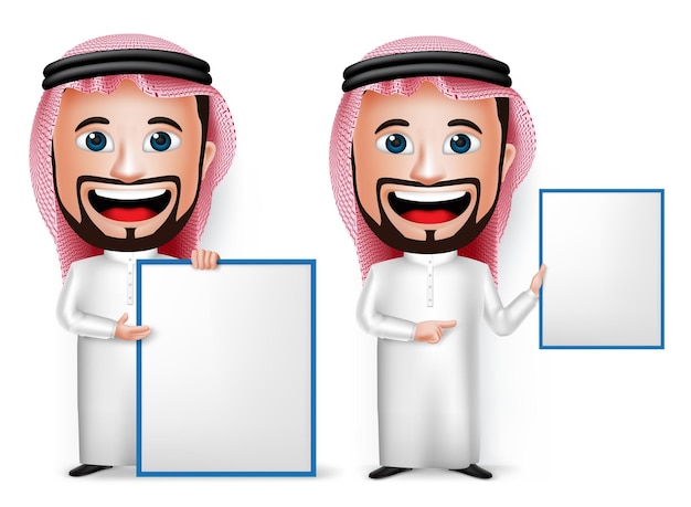 3D Realistic Saudi Arab Man Cartoon Character Showing Blank White Board Wearing Thobe