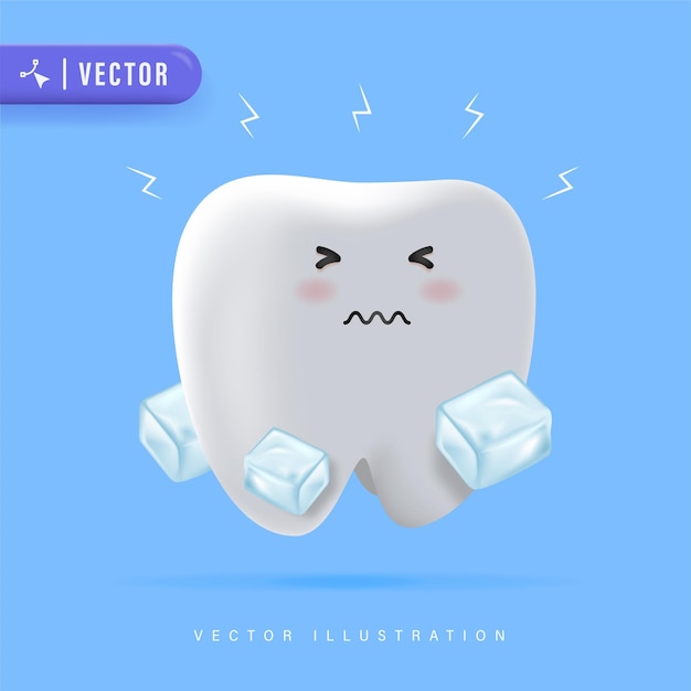 3D Realistic Sensitive Teeth Cartoon Character with Ice Cube Vector Illustration Dental Care Concept