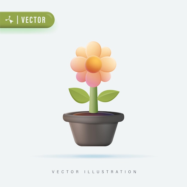 3D Realistic Single Flower in Pot Vector Illustration. Gardening concept. 3d vector icon.