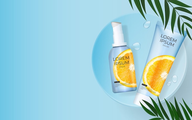 3D Realistic Vitamin C Sunscreens Cream Bottle Background with palm leaves, podium and orange.