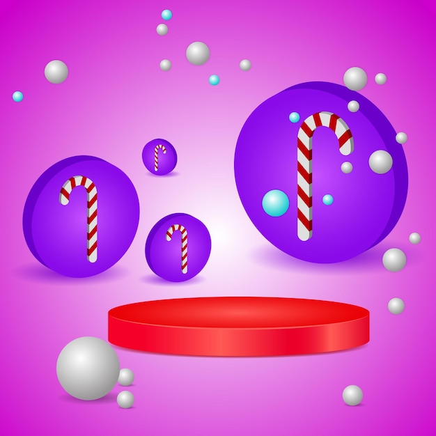 3d red circle podium. winter purple background with candy cane and snowflakes. colorful