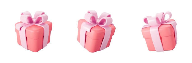 3d red gift box set with pastel ribbon bow isolated on a white background. 3d render flying modern holiday closed surprise box. Realistic vector icon for present, birthday or wedding banners