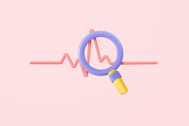 3d red pulse line with magnifier monitor heart rate or cardiogram for healthy lifestyle pulse beat measure cardiac assistance medical healthcare 3d heart rate vector icon render illustration