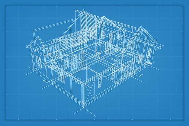 Vector 3d render of building wireframe structure perspective wireframe of house exterior abstract construction graphic idea vector illustration