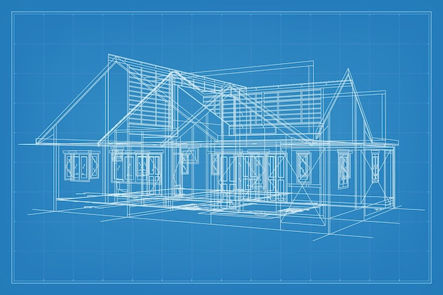 Vector 3d render of building wireframe structure perspective wireframe of house