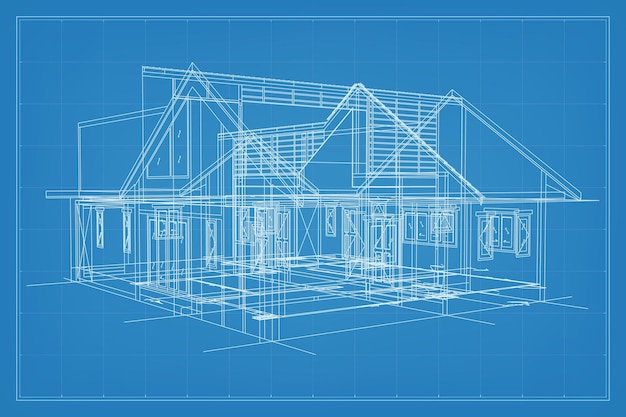 Vector 3d render of building wireframe structure perspective wireframe of house