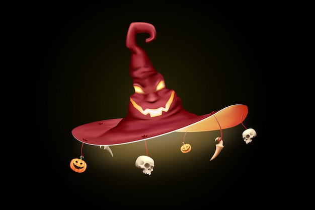 3d render Demonic witch hat with sinister fiery face and dangling bling for Halloween Smiling sinister witch hat Isolated 3D vector illustration Halloween horror holiday concept