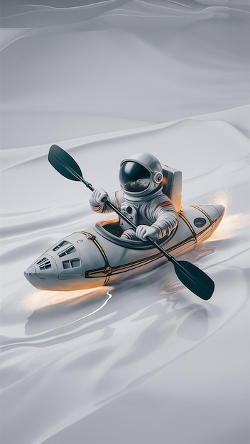 Vector 3d render illustration of an astronaut kayaking in an entirely white back