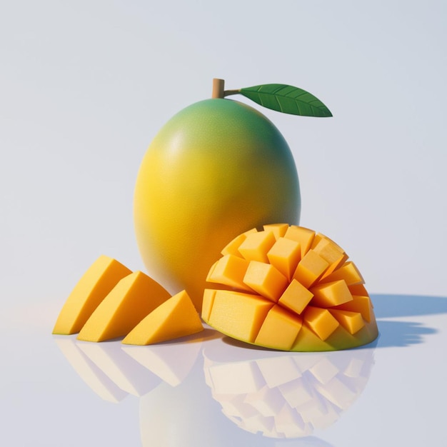 3D render illustration of a whole mango and its cut pieces displayed