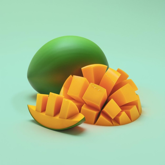 3D render illustration of a whole mango and its cut pieces