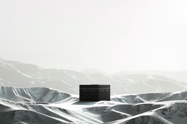 Vector 3d render of the kaaba in megalithic architecture surrounded by undulating hills and mountains minim