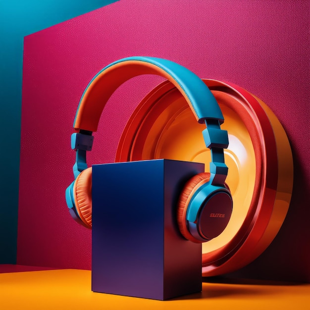 Vector 3d render of a modern music studio with headphones and speaker on the background colorful gradi