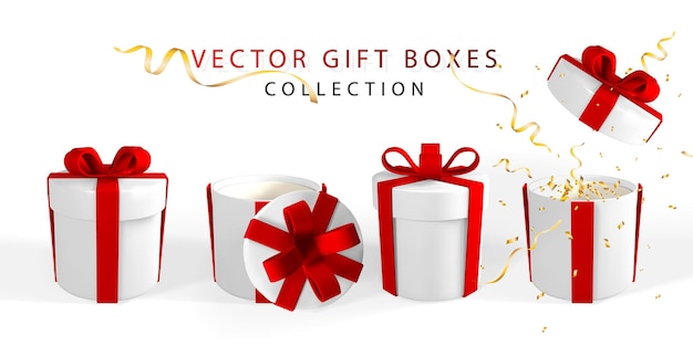 3D render realistic gift box with red bow. Paper box with red ribbon and shadow isolated on white background. Vector illustration.