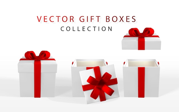 3D render realistic gift box with red bow. Paper box with red ribbon and shadow isolated on white background. Vector illustration.