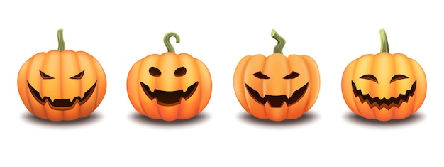 3D Render Set of smiling creepy and funny Pumpkins on a white background for Halloween Orange pumpkin with character for your Halloween design Isolated 3d Vector Illustration