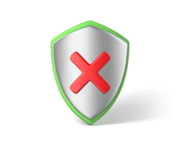 3d render shield isolated on white background Shield with red cross NO or decline symbol Security protection and safety concept Vector 3D Illustration