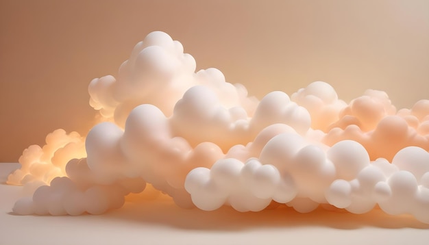 3D rendered fluffy white and peach clouds float above a minimalist surface