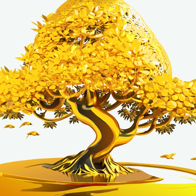 Vector 3d rendered golden tree with oil painting metallic silver gold landscape mountains streams