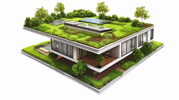 Vector 3d rendered green roof architecture on white background