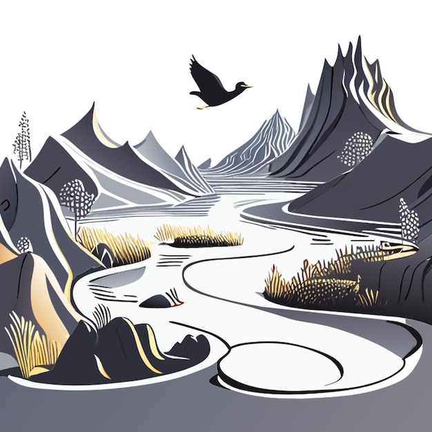 Vector 3d rendered landscape metallic silver gold mountains streams waterfalls plants fish in the